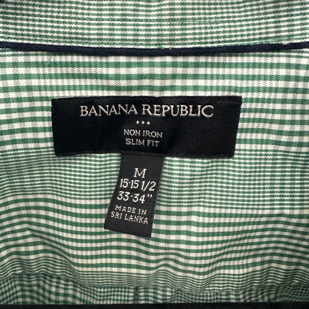 Banana Republic Mens‎ Green White plaid Check Non Iron Slim Dress Shirt M 15.5
